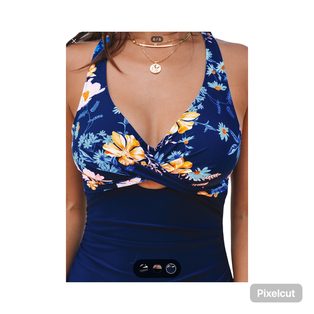1 NWOT Size Small Cupshe Blue One Piece Swimsuit with Floral Patterns - Picture 3 of 8